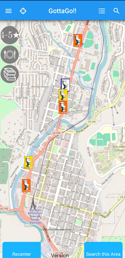Map with restroom locations in gottago app