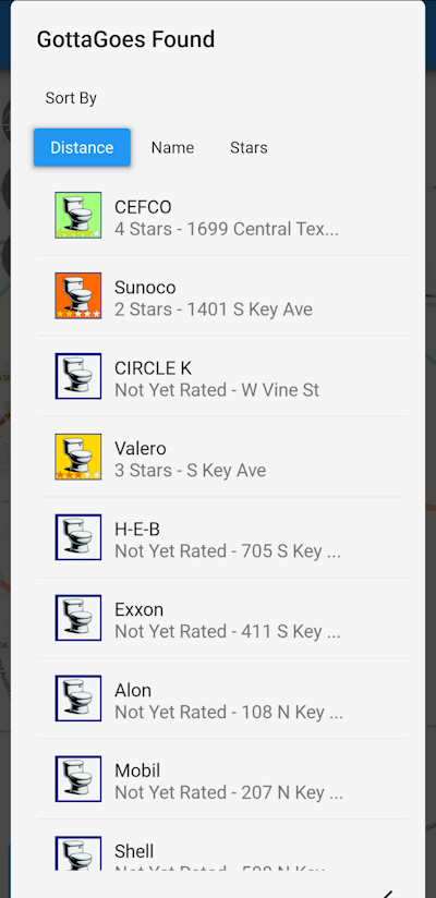 List view of nearby restrooms in the gottago app